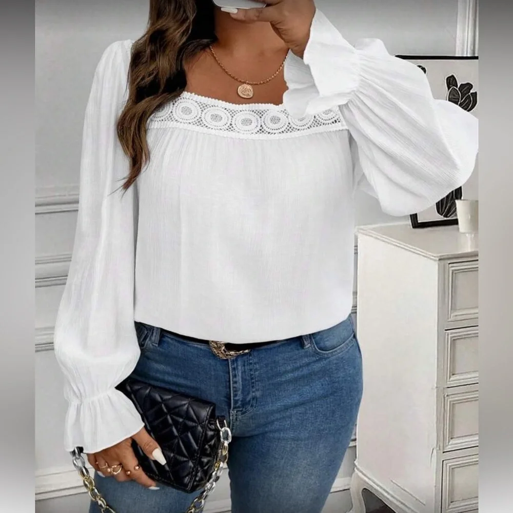 Elegant White  Lace Trim Women's Top
